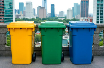 Colorful trash containers on a rooftop overlooking the city.