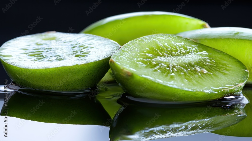 Poster sliced green fruits with visible seeds are reflected in water
