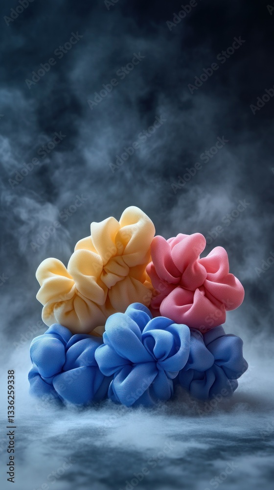 Poster a cluster of brightly colored fabric swirls in soft lighting