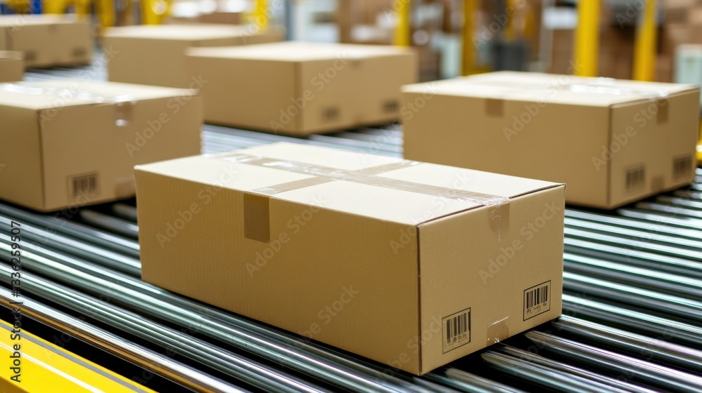 Poster Boxes are positioned on a conveyor system in a warehouse setting