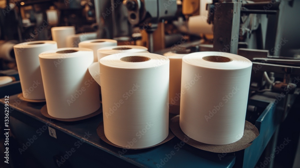 Poster several large rolls of white paper in a factory production setting