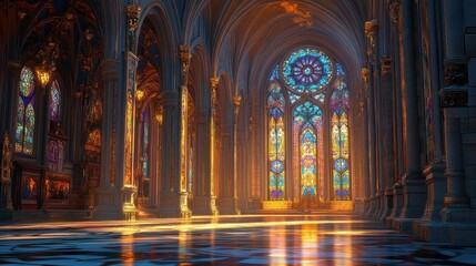 Intricately designed cathedral interior with radiant stained glass windows