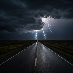 dark dramatic road with lightning strikes in the night sky