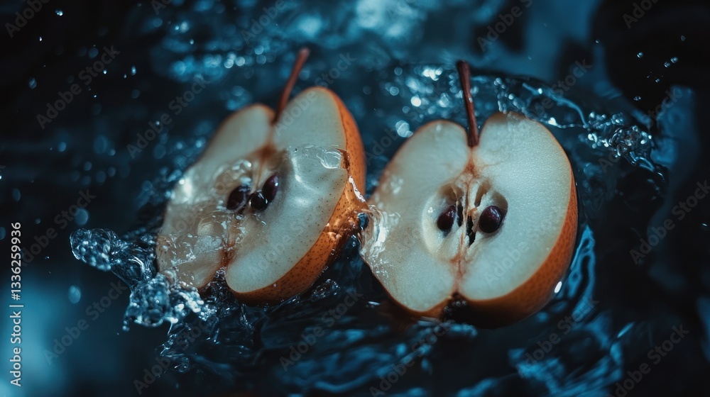 Poster sliced pears with brown seeds bursting from water creation