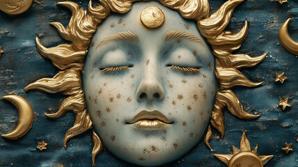 Ornate sun face sculpture with golden rays on a textured blue background. Suitable for mythology blogs, art websites, and articles on celestial symbols and decorative arts.