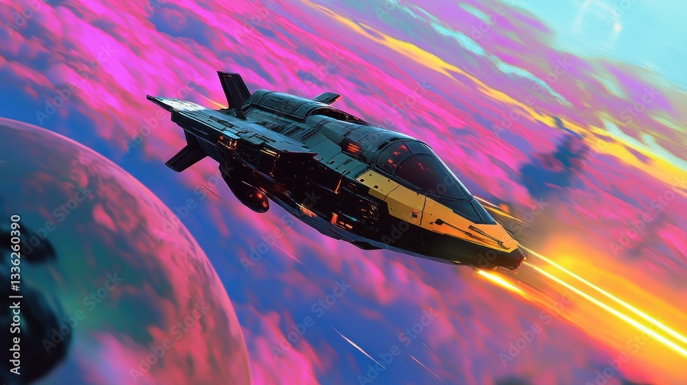 Poster futuristic spacecraft navigating through vibrant space with planets nearby