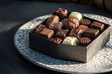 A sumptuous assortment of dark and milk chocolates in an elegant box, arranged on a textured porcelain plate with soft natural shadows in HD.