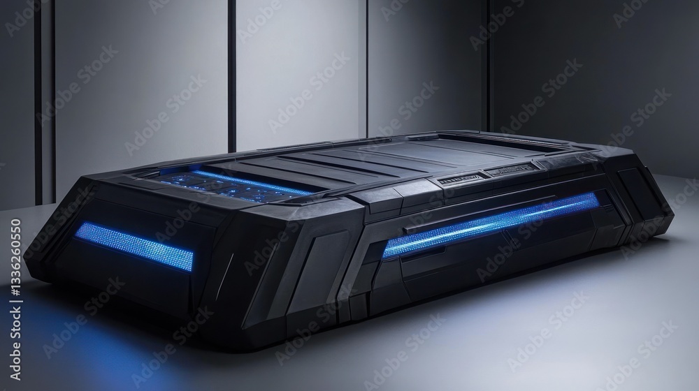 Poster a futuristic black rectangular technological device with blue illumination panels