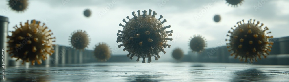 Poster floating spherical virus cells against a blurred industrial backdrop setting