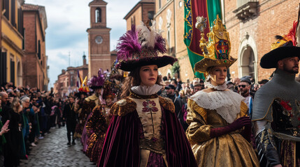 Obraz premium The cobbled streets of Ferrara are filled with parade participants dressed in sumptuous medieval attire, complete with velvet robes, feathered hats, and armor. Ai generated images
