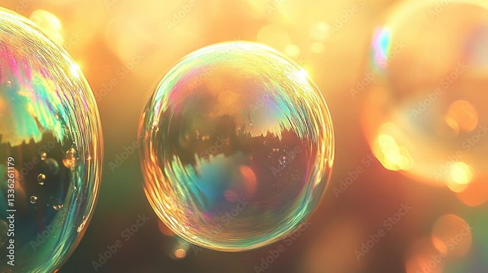 Poster Colorful iridescent soap bubbles floating with warm sunlight bokeh background