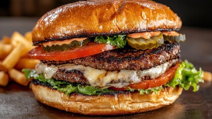 Delicious double burger showing melted cheese and pickles with french fries