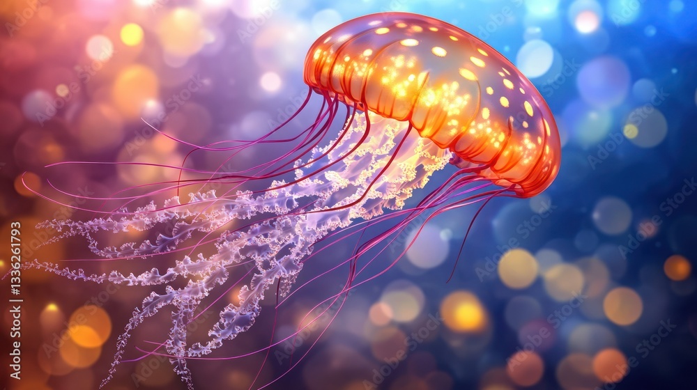 Poster a beautiful jellyfish floating with long tentacles in the ocean