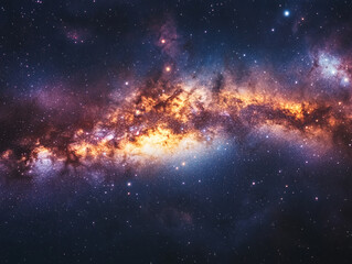 Fototapeta premium a stunning view of the Milky Way galaxy, showcasing a vibrant mix of stars, nebulae, and cosmic dust in shades of blue, orange, and purple. The galaxy's central regions appear especially bright