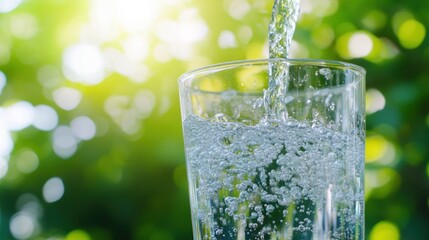 Clear water is being poured into a transparent glass