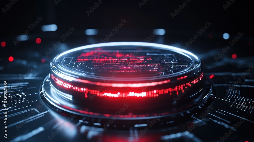 Poster A circular platform featuring digital data displayed with red light