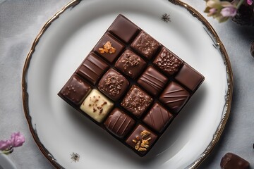 A sumptuous box of handcrafted chocolates artfully arranged on a fine porcelain plate with delicate accents, rendered in vivid HD detail.