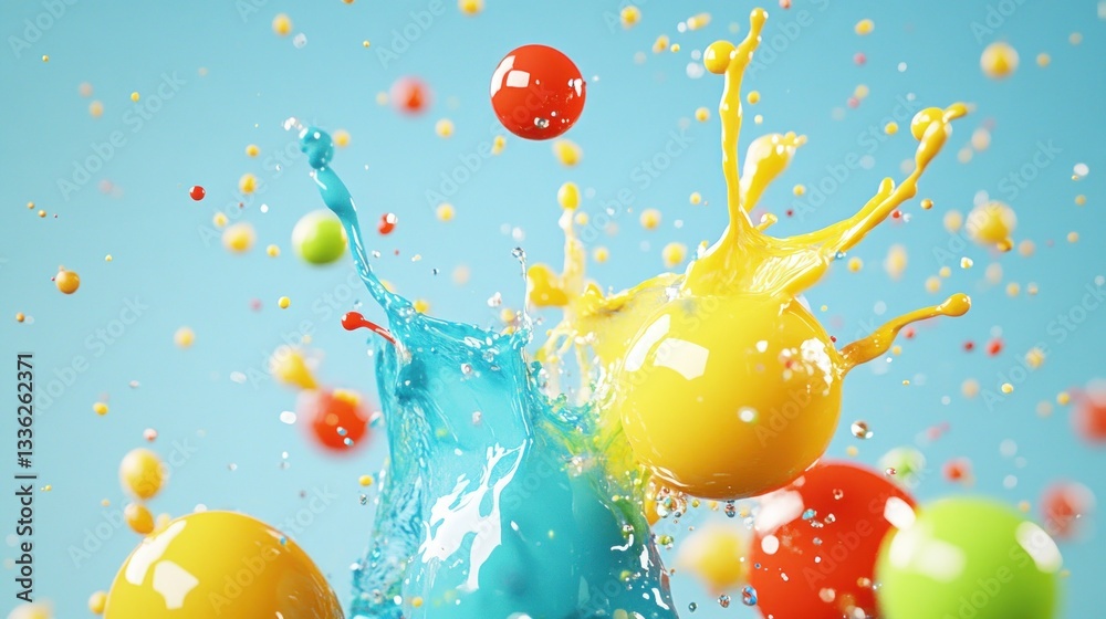 Poster colorful spheres explode and splash in various vivid colors on blue