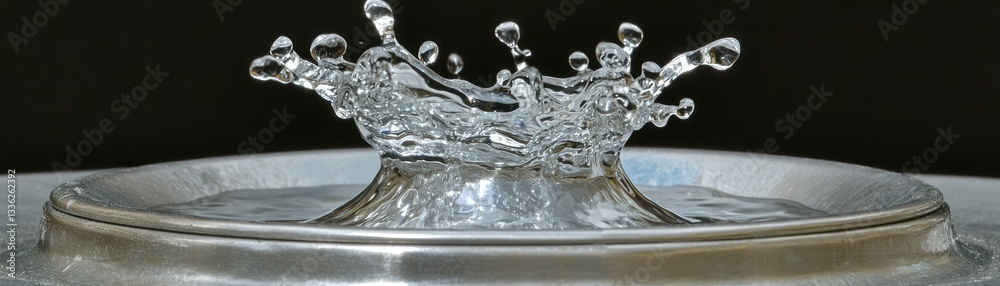 Poster a water crown creation displayed on a metallic circular surface