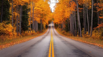 Obraz premium A scenic drive through a tunnel of golden-leaved trees in the fall season