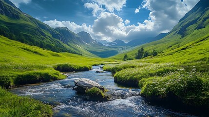mountain valley view lush greenery winding river image