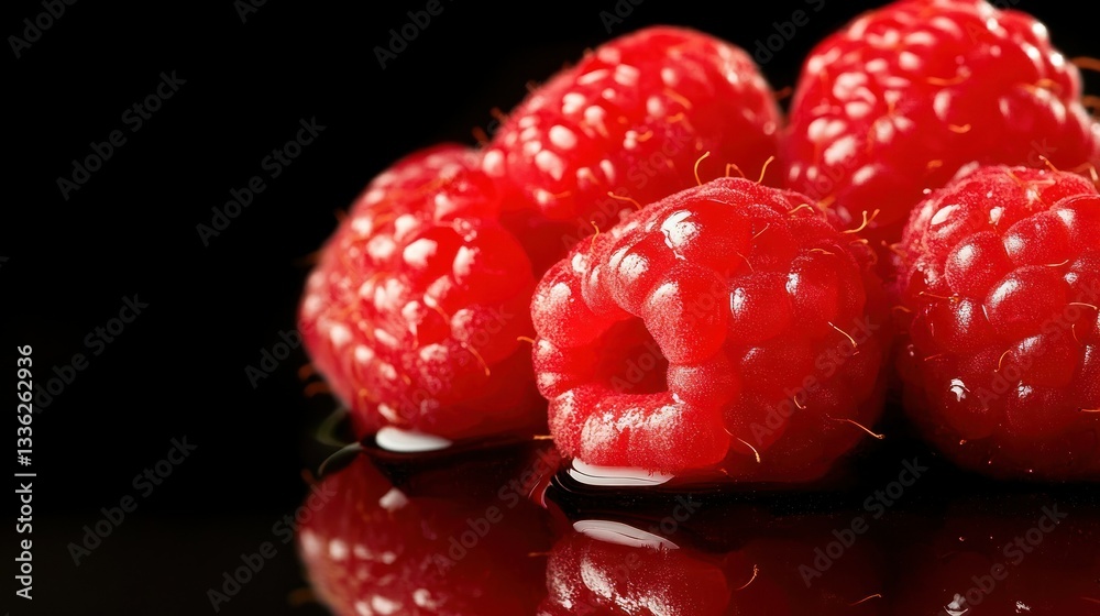 Poster Close up image showing several ripe raspberries arranged together on a surface