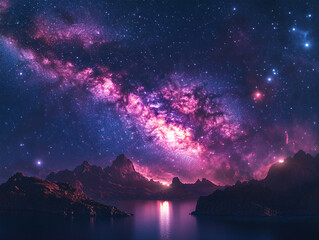 Naklejka premium a stunning view of the Milky Way galaxy, showcasing a vibrant mix of stars, nebulae, and cosmic dust in shades of blue, orange, and purple. The galaxy's central regions appear especially bright