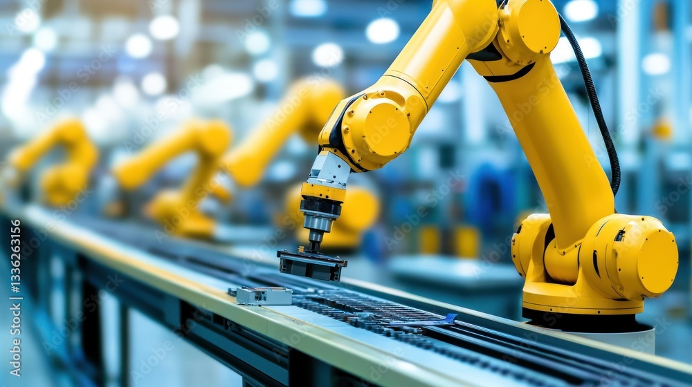 Poster Automated robotic arms working on an assembly line in a factory