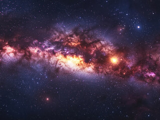 Fototapeta premium a stunning view of the Milky Way galaxy, showcasing a vibrant mix of stars, nebulae, and cosmic dust in shades of blue, orange, and purple. The galaxy's central regions appear especially bright