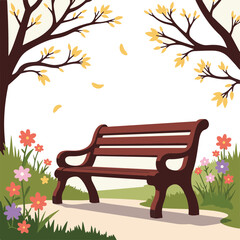 Elegant wooden bench in serene park during spring, tranquility