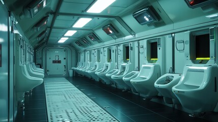 Obraz premium A space station's men's restroom, equipped with zero-gravity urinals and futuristic waste management technology
