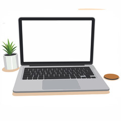 Fototapeta premium Modern laptop on clean desk with plant, minimalist workspace design