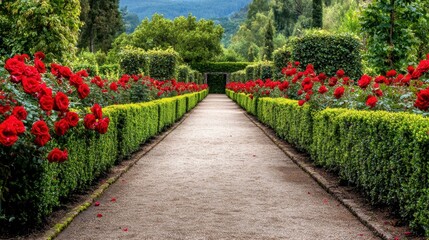 A straight pathway with neatly arranged red roses and green hedges on both sides