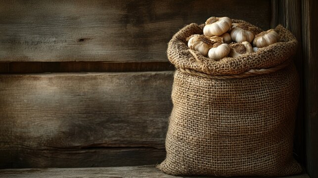 A rustic burlap sack overflowing with fresh garlic bulbs