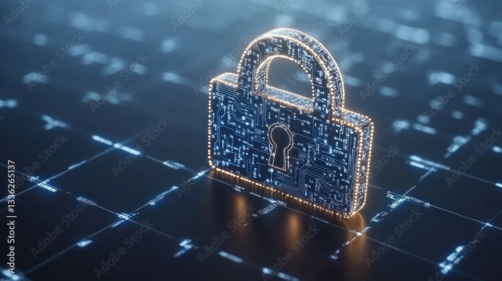Poster A glowing digital padlock displaying computer technology for security