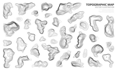 Set of geographic contour map elements with wavy geometric texture. Topographic map. Vector elevation lines with terrain patterns.