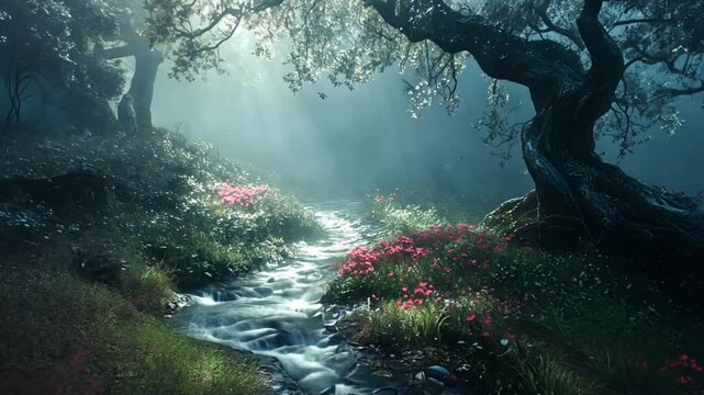 Misty enchanted forest with glowing flowers along stream. Fantasy landscape concept