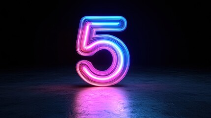 Vibrant blue and purple neon number 5 illuminated in darkness