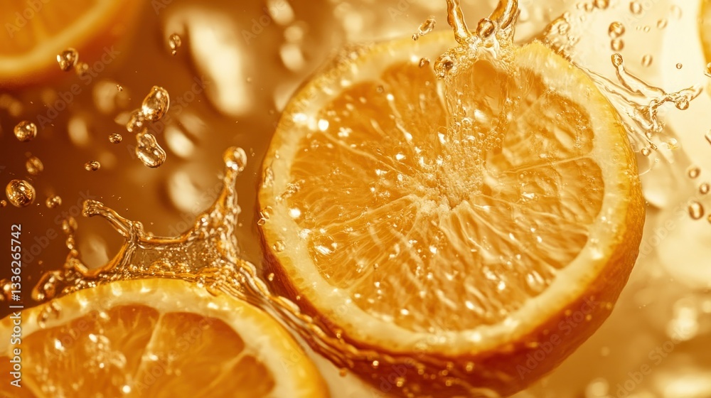 Poster Sliced orange fruit with water splashing creating refreshment effect