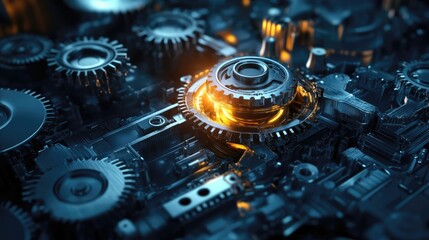 Close-up view of intricate metallic gears and cogs with glowing elements, showcasing advanced machinery in action