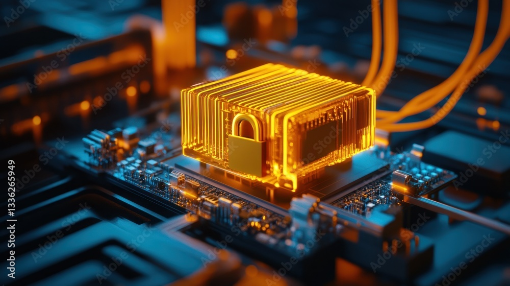Poster Glowing computer security hardware secured with an illuminated lock
