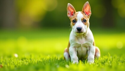 Miniature english bull terrier puppy sitting on grass field, outdoor, white, brown