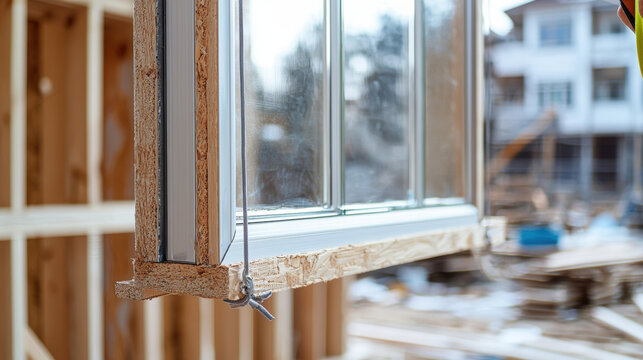 Fototapeta close up of new window pane being installed at construction site, showcasing precision and craftsmanship