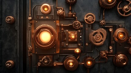 A steampunk-style light switch with intricate gears and glowing copper accents, blending mechanics with aesthetics.