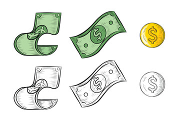 Head Drawn Isolated Cash Money Set Dollar cent and dollar bill flat icon. USD logo illustration money sketch icon design. Vector money Icons collection for mobile ui concept app and web design or else