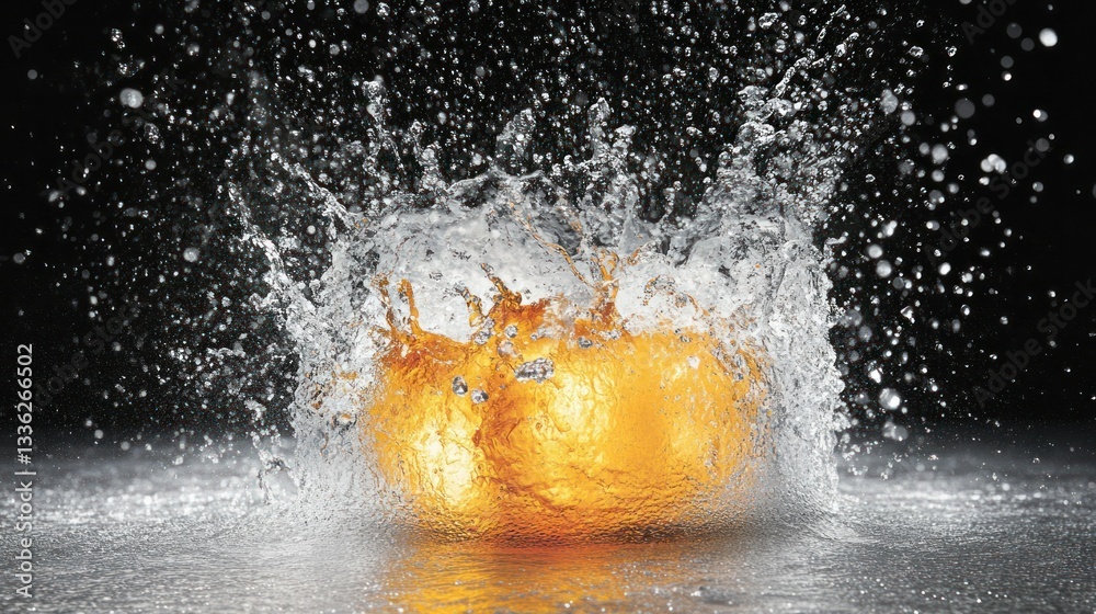 Poster A large golden object submerged in water causing a splash