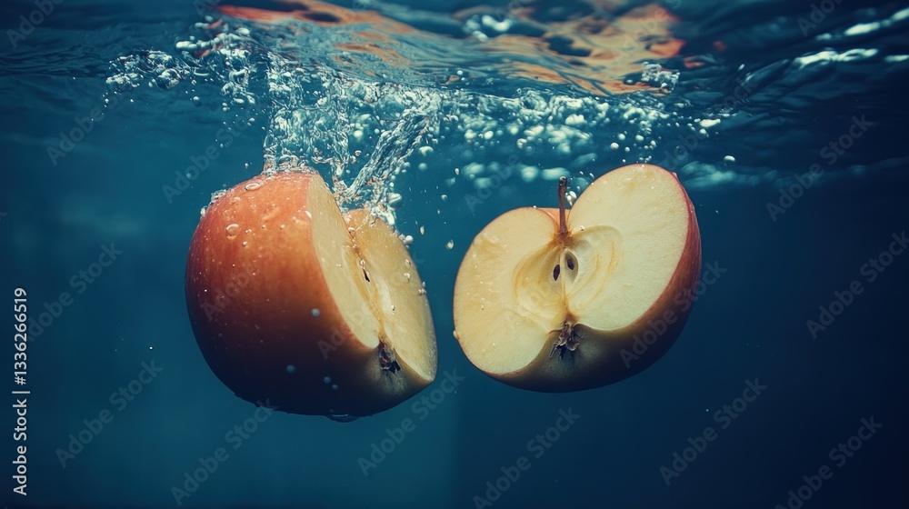 Poster A halved apple creating splashes when submerged underwater against blue