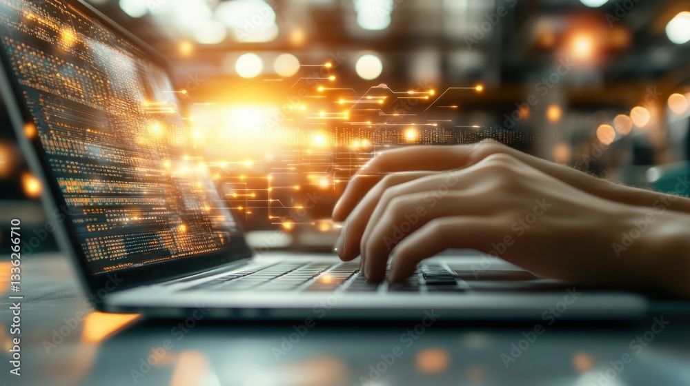 Poster Hands typing on a laptop computer with data visualization overlay
