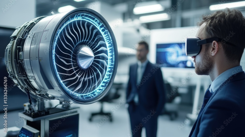 Poster A man using virtual reality to view an engine turbine