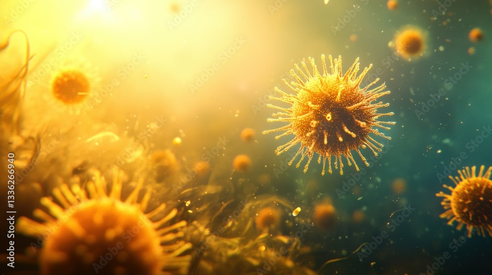 Poster rendered microscopic depiction of floating spherical shaped viruses